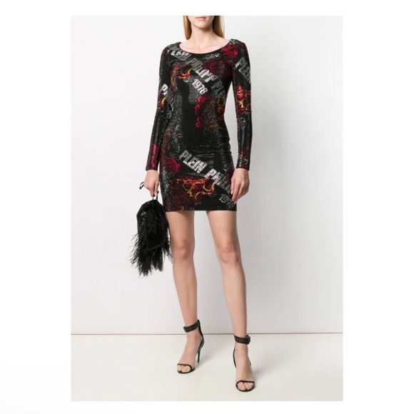 New! Rare PHILIPP PLEIN Logo Rhinestone Embellished Fire Rose Print Mini Dress - Picture 2 of 16